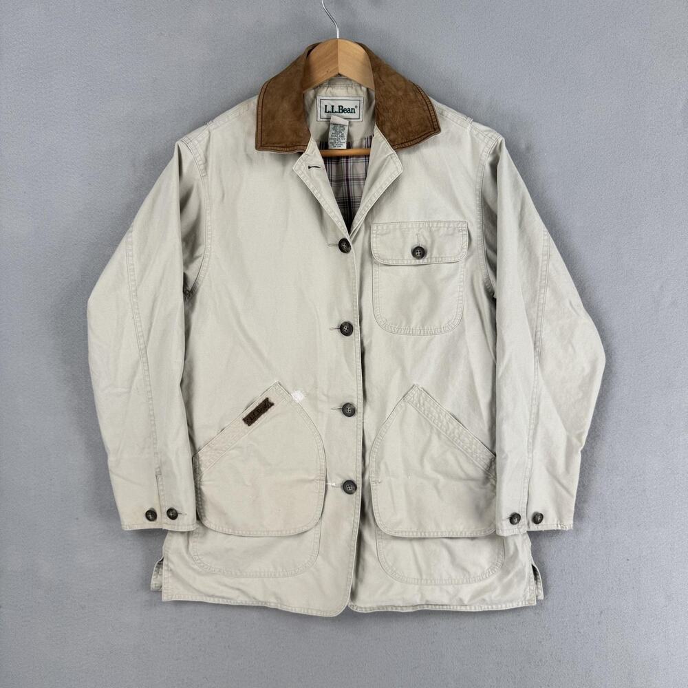 Vintage LL Bean Coat Womens Small Beige Canvas Leather Collar Plaid Lined Chore